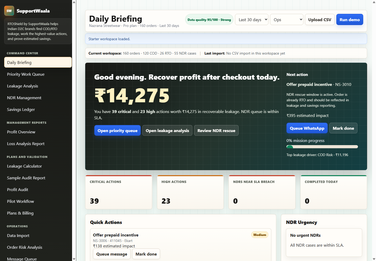 Wembro dashboard showing profit recovery briefing and operational controls